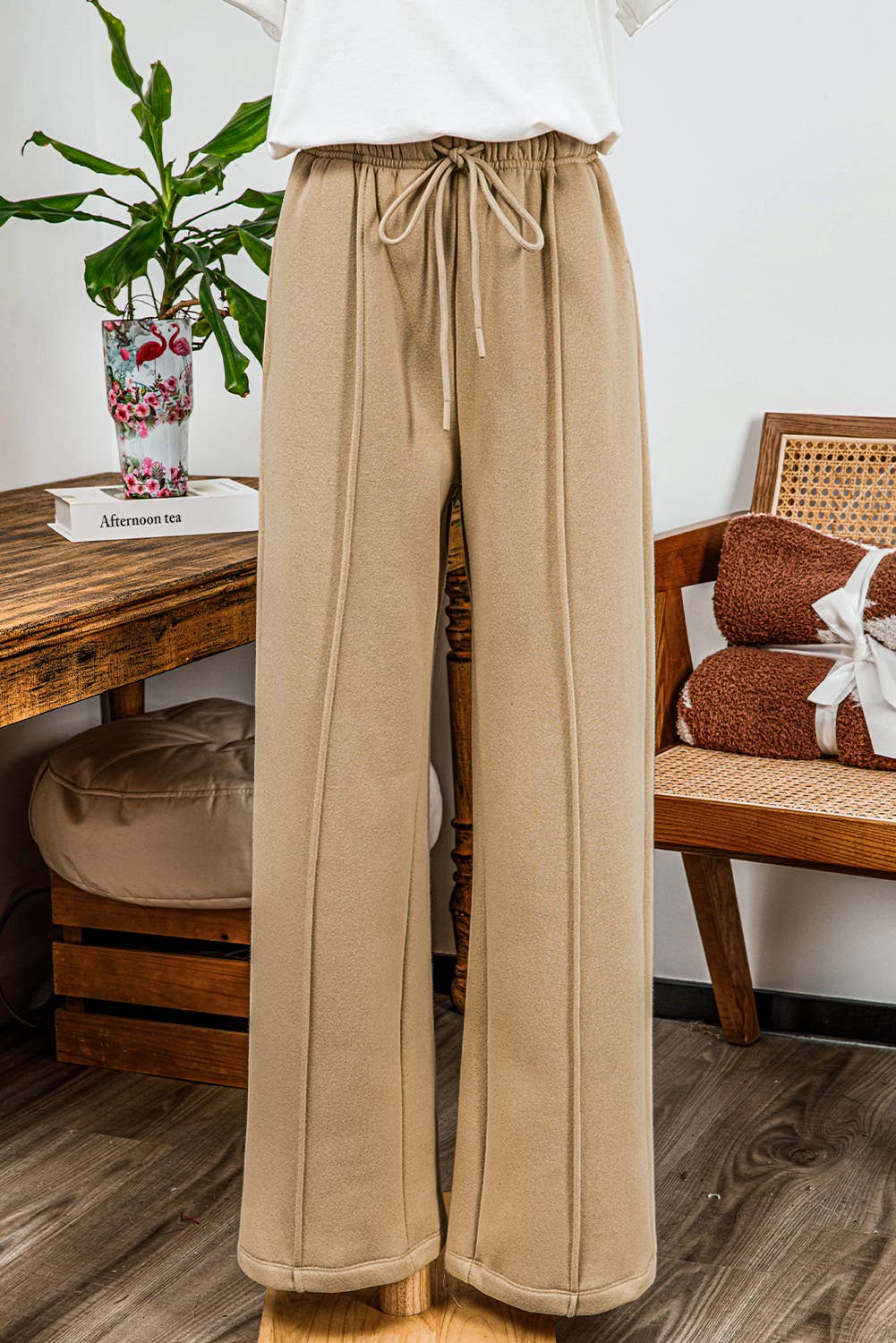 Fashion-W Exposed Seam Drawstring High Waist Wide Leg Pants
