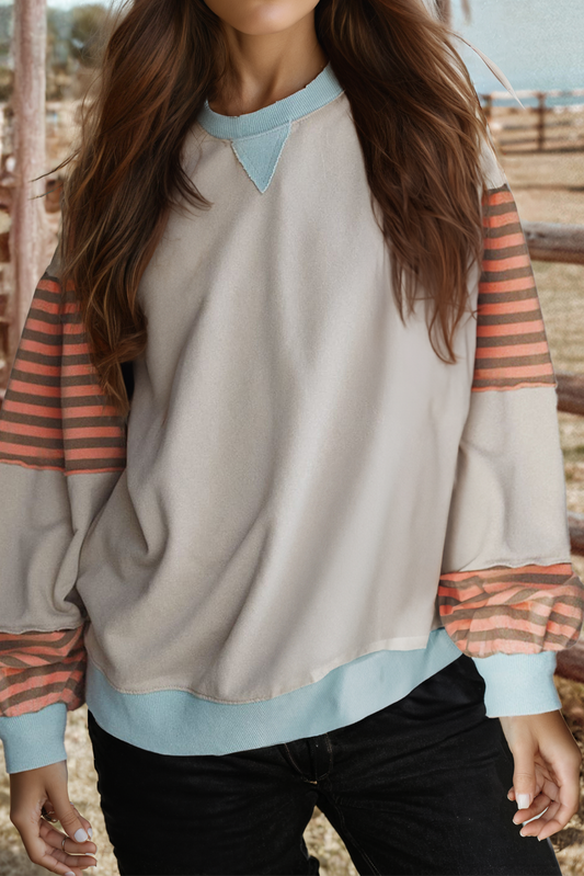 Fashion-W Striped Colorblock Drop Shoulder Sweatshirt