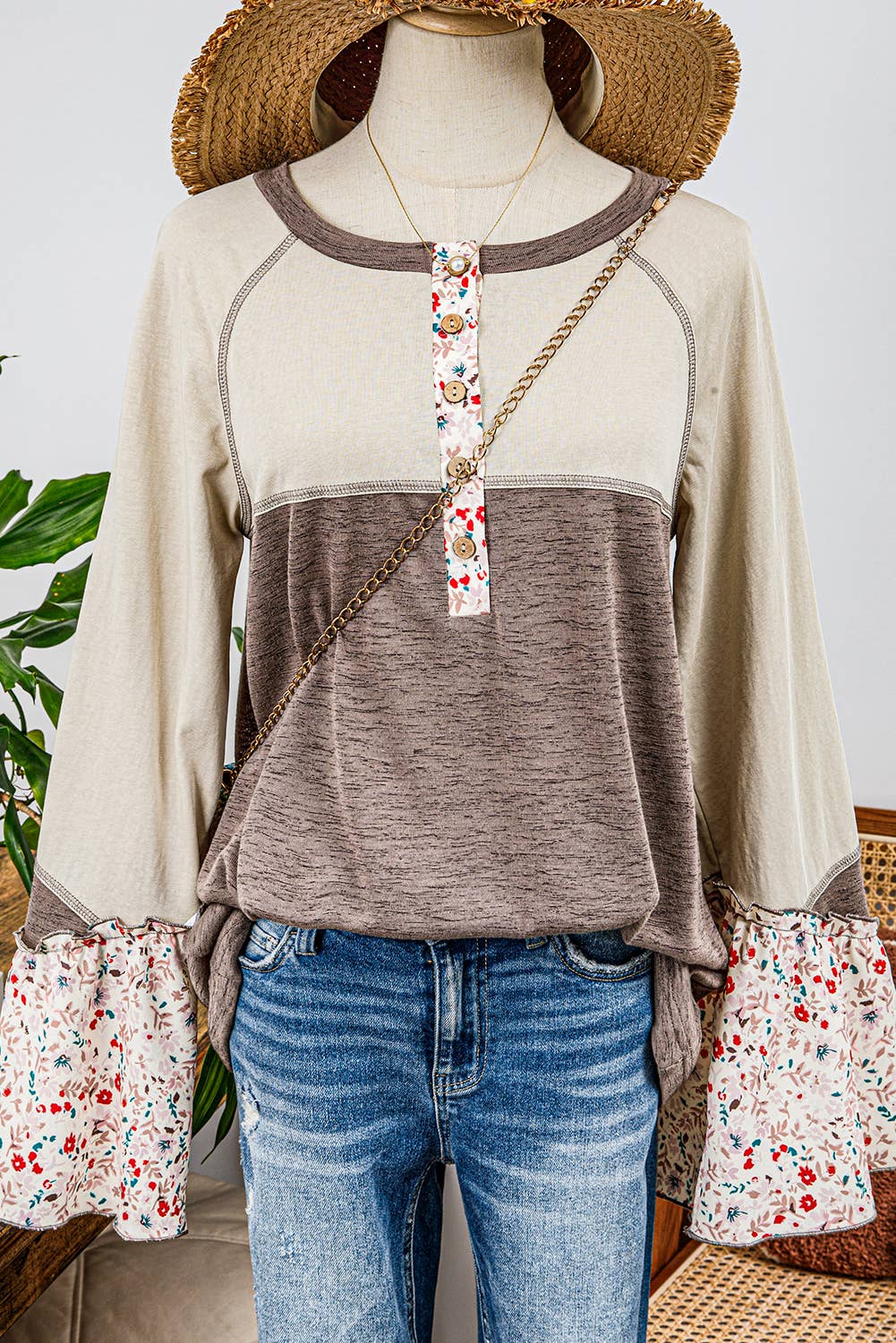 Western Floral Patchwork Flared Sleeve Buttons Henley Top