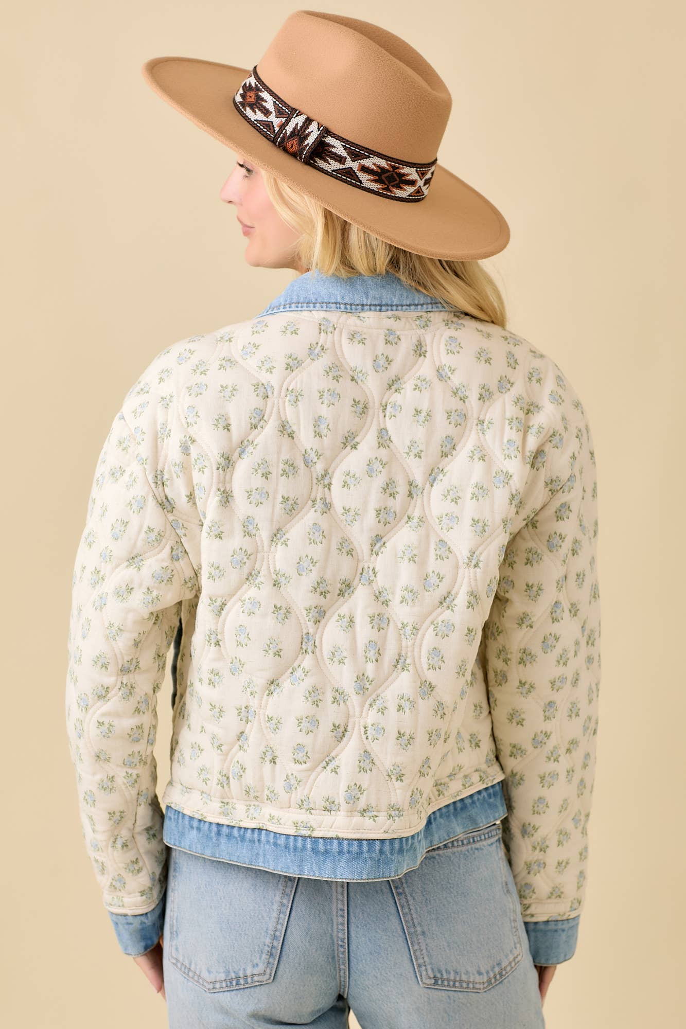 Floral Print Quilted Denim Jacket