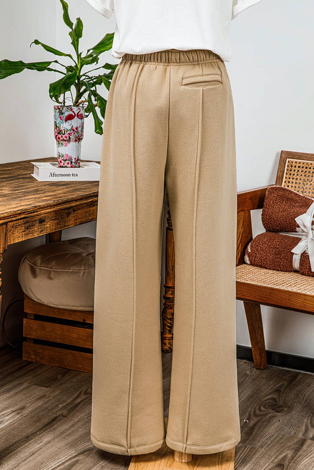 Fashion-W Exposed Seam Drawstring High Waist Wide Leg Pants