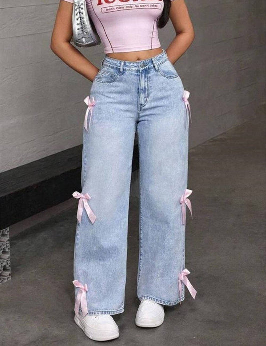 Bow Decoration Washed Street Straight Leg Jeans DP25A488