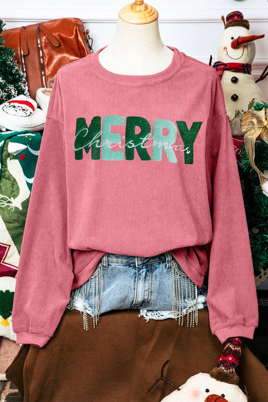 MERRY Christmas Chenille Embroidered Corded Sweatshirt