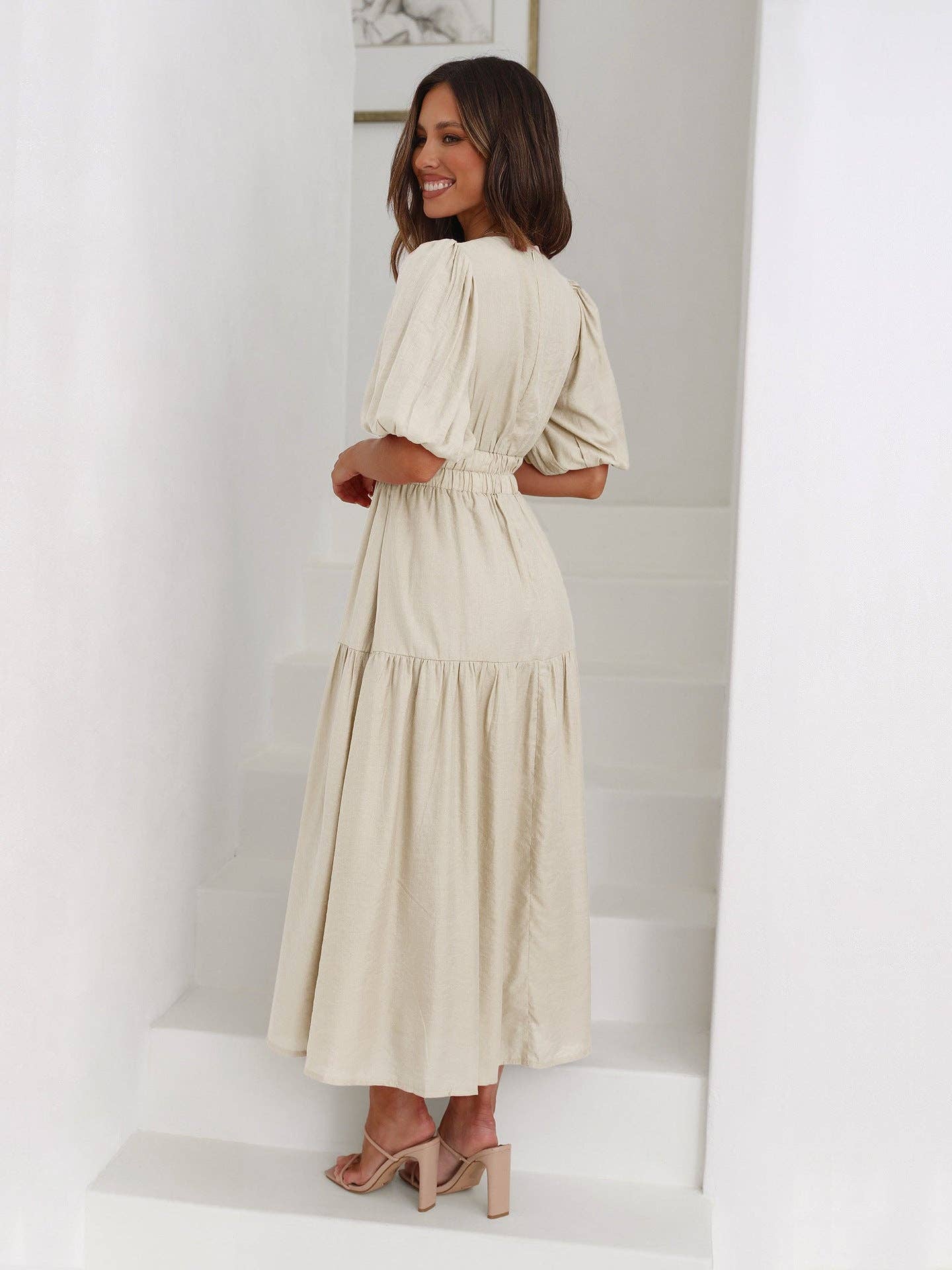 Ladies Bubble Sleeves V-Neck Daily Midi Dress GQRM