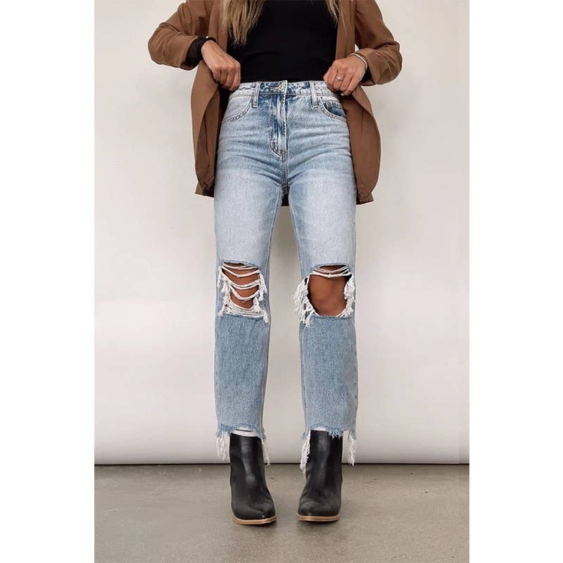 Women Retro High Waist Ripped Straight Jeans