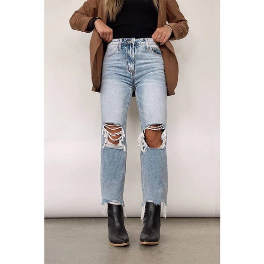 Women Retro High Waist Ripped Straight Jeans