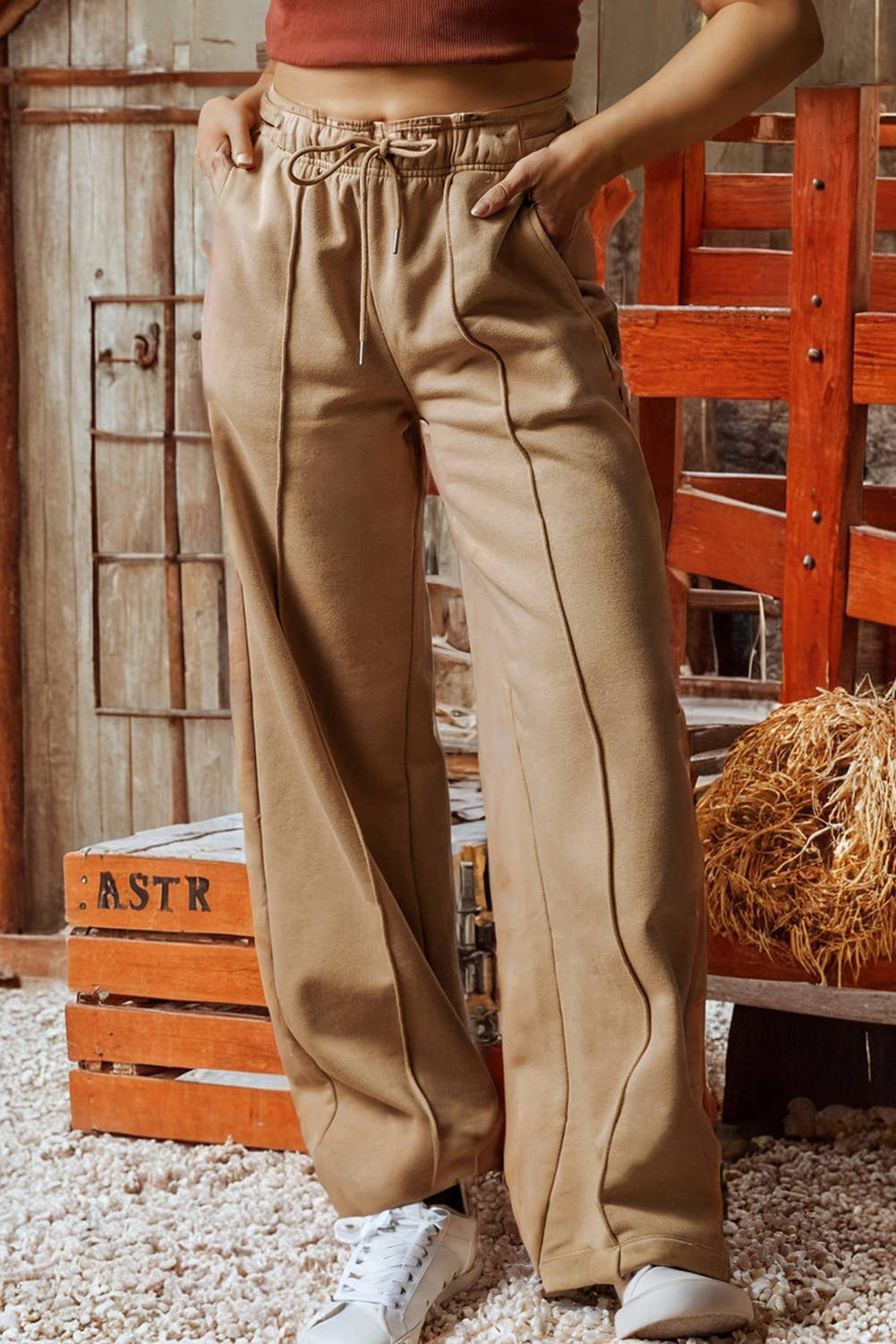 Fashion-W Exposed Seam Drawstring High Waist Wide Leg Pants