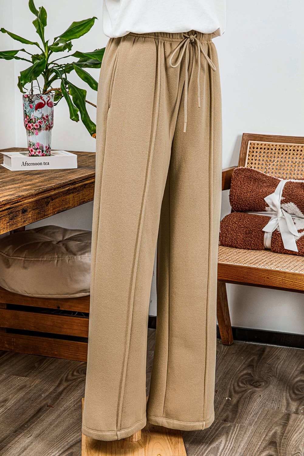 Fashion-W Exposed Seam Drawstring High Waist Wide Leg Pants