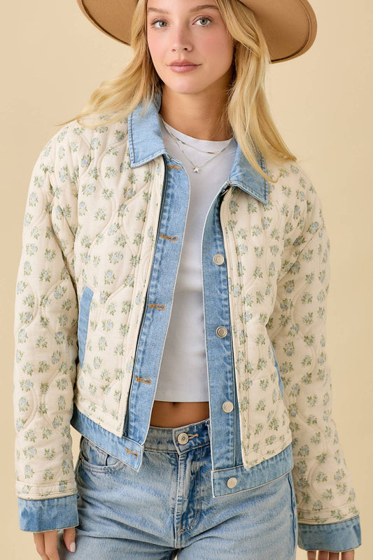 Floral Print Quilted Denim Jacket