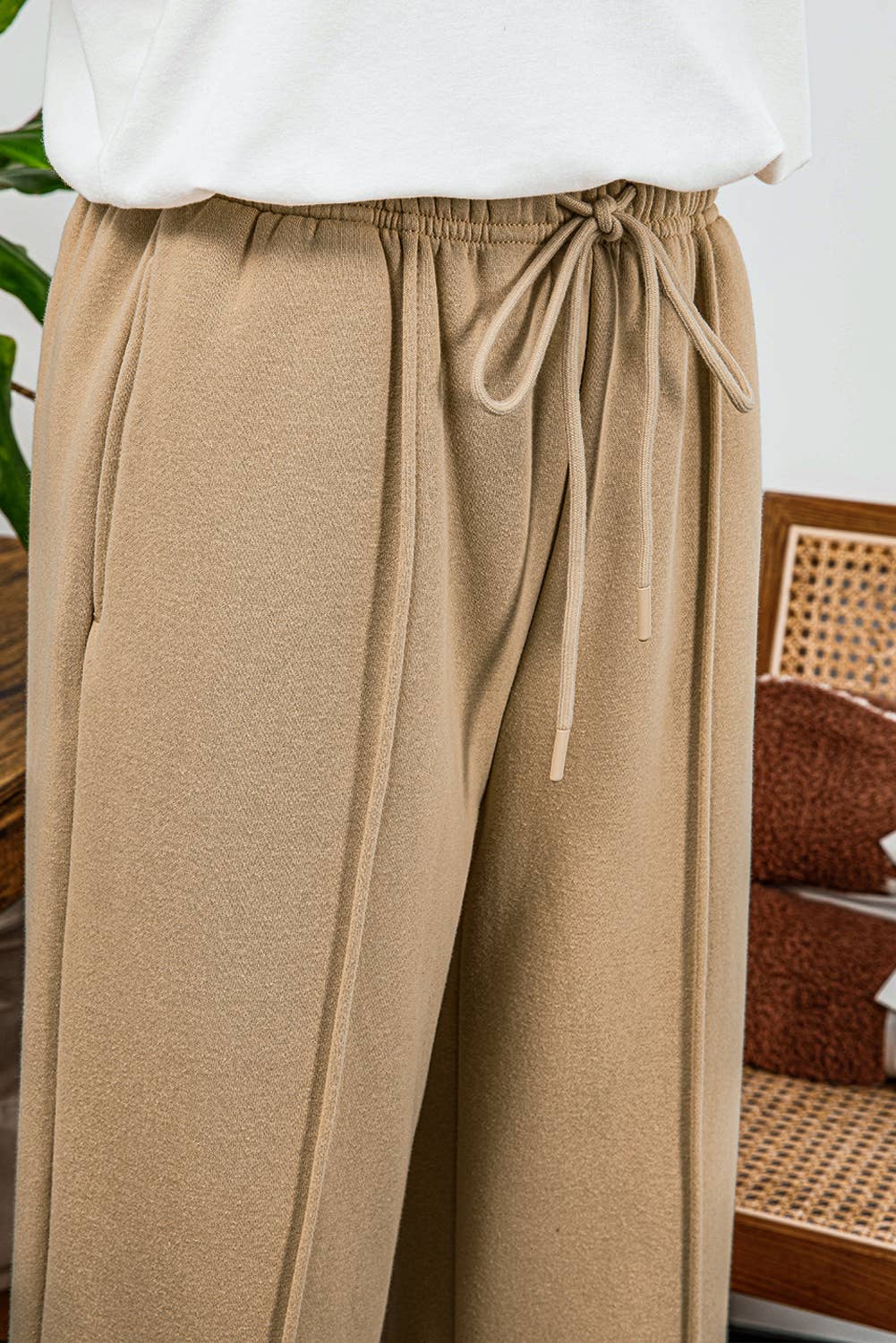 Fashion-W Exposed Seam Drawstring High Waist Wide Leg Pants